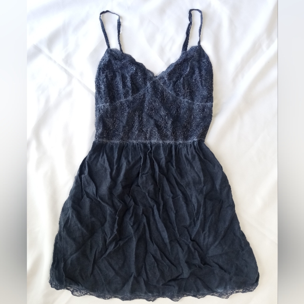 Sleeveless Distressed Navy Blue Lace Mini HOLLISTER Dress Babydoll Summer Skater